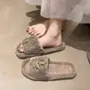 Pantuflas de felpa con punta abierta, suela plana, con pedrería 2026, tipo slip-on para mujer, modernas, nuevo diseño otoño e invierno, pantuflas de felpa con diseño de fuegos artificiales
