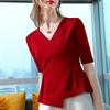 Camiseta de Manga Media para Mujer 2025 Nuevo Estilo Ropa para Mujer Cruzada Cuello en V Manga Media Algodón Camiseta Cintura Asimétrica Ajustable Top Único para el Trabajo