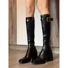 First Encounter Coleção Outono/Inverno 2026 Novidades Botas de Salto Grosso Acima do Joelho Femininas de Cano Alto Pretas com Forro de Veludo Sapatos de Salto Alto Botas Longas para Pessoas Baixas