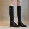 Lan Gui Jia~ Cinturón de Cuero con Hebilla Cuadrada Retro Botas de Caballero Occidentales con Tacón Oculto Botas Largas Adelgazantes de Moda para Mujer
