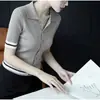 2026 Top de malha cinza de alta qualidade, simples e bonito, com gola polo e manga curta para mulheres, novo top versátil de verão slim-fit para trabalho