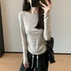 Súper cómoda~ Camiseta de Tencel con lana elástica, cintura fruncida plisada, top base de lana para mujer, nuevo Otoño 2026 031