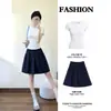 Falda midi azul oscuro para mujer, verano, cintura alta, cintura elástica, adelgazante, falda midi de línea A para mujer, conjunto de falda casual de línea A