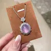 Colar de Cabochão de Calcedônia Roxa Natural com Pingente Incrustado Banhado a Prata, Pingente de Cabochão Violeta, Colar de Jade, Anel de Pedra Preciosa