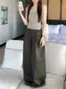 Pantalones cargo plisados de cintura alta en color verde para mujer, pantalones anchos versátiles de corte holgado para el verano, para ir al trabajo y uso casual