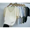 Suéter de Punto Transpirable Holgado de Hilo Peinado de Manga Corta para Mujer, Suéter de Punto Elegante con Cuello en V para Mujer, Primavera y Otoño 2025