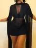 Vestido Longo de Gola Alta Transparente com Decote em V Profundo, Plissados Tridimensionais e Fitas Elegantes - Nova Coleção Primavera 2026 Europeia e Americana