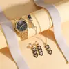 Conjunto de quatro peças de relógio e joias femininas estilo luxo, relógio de quartzo em liga de ouro com colar, brincos e pulseira