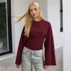 Moda feminina europeia e americana: Novo top Amazon liso, gola redonda, ombro normal, design casual, manga larga, acinturado, sexy, manga longa