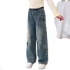 Calça Jeans Feminina Primavera e Outono 2026 Novo Estilo Coreano Moda Calça Wide Leg para Crianças Maiores, Jeans da Moda para Outono Comprimento Total