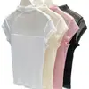 Camiseta de manga corta con empalme de malla y cuello semi-alto para mujer, estilo diseñador, nicho, prenda interior, top ajustado, novedades para mujer, sensación de alta gama