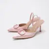 Zapatos de Tacón Alto sin Espalda con Punta Fina, Sandalias de Satén de Tacón de Aguja Elegantes y de Moda con Hebilla Redonda, Zapatos de Tacón Alto, Transfronterizo