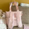 Bolsa de Ombro Rosa Pêssego Suave com Acabamento em Renda, Vibe Delicada, Orelhas de Coelho de Estrela e Coração, Bolsa Tote para Alunos
