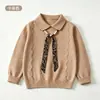 Suéter de punto para niñas con cuello de solapa y estampado de ondas, cómodo, amigable con la piel, suéter infantil para niñas con flecos de perlas, tejido de punto casual para niños de mediana edad