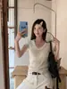 Top de malha branco de manga curta para mulheres, super quente, rejuvenescedor, gola redonda, ombros caídos, camada base, corte justo, afina a silhueta, Camiseta