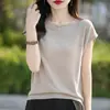 Suéter de Punto de Tencel y Lino de Nuevo Estilo para Verano 2025, Cuello Redondo, Hombros Cubiertos, Mangas Cortas, Suéter Básico de Color Sólido para Mujer