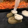 Zapatos Peludos de Talla Grande Transfronterizos para Mujer Otoño Nuevo Botas de Nieve 2025 Invierno Cálidos Punta Redonda Suela Gruesa Slip-On Perezosos de Algodón