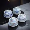 Cuenco grande de porcelana esmaltada azul y blanca con tapa de loto, juego de té de porcelana blanca, taza de té para tostadas, preparación de té de cerámica china de tres talentos