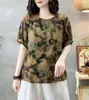 Playera Artística de Algodón y Lino para Mujer Top de Color Suelto Casual Retro para Viajar Verano Manga Corta Estampada a la Moda