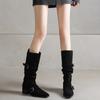 Versátil~ Botas de Mujer Retro de Gamuza por Encima de la Rodilla 2025 Nuevo Estilo Hebilla de Cinturón Tacón Medio de 4.5cm Botas Vaqueras