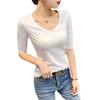 Camiseta de Modal de Manga Media para Mujer Primavera y Otoño Delgada Ajustada Cuello en V Base con Mascarilla Facial Top Cuello Corazón Cuerpo de Media Manga