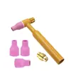 Los accesorios para la cabeza de la antorcha de soldadura por arco de argón QQ300 incluyen boquilla cerámica para soldadura por arco de argón, pinza para electrodo de tungsteno, pieza guía de cobre, núcleo del interruptor, tapa trasera de la antorcha.