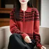Elegante Cardigan de Lã Jacquard com Gola e Design de Zíper Duplo, Casaco Emagrecedor Slim-Fit, Essencial para o Deslocamento no Outono e Inverno