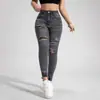 Jeans Feminino Transfronteiriço Europeu e Americano da Amazon, Modelagem Skinny, Rasgado, Sexy, Cintura Alta, Calça Jeans Stretch em Estoque