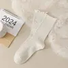 Calcetines Blancos Holgados para Mujer, Calcetines de Media Pantorrilla, Estilo Ins Moderno, Hilo, Primavera y Otoño, Algodón, Transpirables, Versátiles, Calcetines de Media Pantorrilla Grises