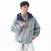 Otoño Invierno Moda Retro para Hombre Color Sólido Versátil Sudadera con Capucha Cárdigan Estilo Perezoso Artístico Holgado Costuras de Contraste Chaqueta con Cremallera