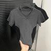 Nueva Camiseta de Manga Corta con Cuello en V Personalizada para Verano 2025, Versátil Elegante de Color Contrastante, Top Sexy Delgado Estilo Lustre Puro para Mujer