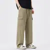 Moda de Rua Japonesa Calça Casual Longa Reta Simples para Exterior com Múltiplos Bolsos Decoração de Patch Bordado Versátil Primavera/Outono
