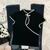 Top de color liso estilo chino nuevo Y2K, moda transfronteriza, estilo europeo y americano, corte ajustado, manga corta, con cuello abotonado, modelo nuevo para tiendas independientes