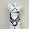 Body de encaje sexy para mujer, escote en V profundo, hueco, transparente, tentación apasionada, body con entrepierna abierta 75032