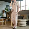 Calças estilo chinês masculinas algodão linho terno verão masculino solto bordado masculino manga curta terno novo top casual