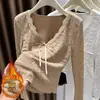 Camisa de renda com forro de fleece e decote V para mulheres, de manga longa, corte justo, camisa base modeladora, camisa base de camada interna de renda feminina