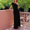2025 Novo Outono Transfronteiriço Feminino Elegante Elegante Decote Assimétrico Vestido de Banquete Cor Sólida Costura Vestido de Noite Vestido