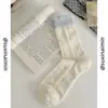Calcetines Nuevos Serie Gris Suxinaimin Primavera y Otoño Algodón Puro Encaje Calcetines de Caña Media Estilo Japonés Lunares Florales Calcetines Holgados