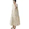 Ropa Nueva para Mujer, Estilo Dulce y Fresco, Cuello Redondo, Bordado Pesado, Vestido Largo de Algodón y Lino de Manga Corta, Vestido Holgado