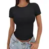2025 Transfronterizo Casual Verano Versátil Ajustado Cuello Redondo Alto Camiseta Manga Corta Delgado Chica Caliente Tops Europeos y Americanos Efecto Adelgazante
