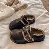 Pantuflas de cuero Birkenstock de suela gruesa forradas de pelo 2026 nuevo estilo mujer invierno punta cerrada sin cordones cálidos zapatos de algodón mujer