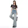 Outono de 2026 Novos Jeans Femininos Casuais Largos com Elastano Boca de Sino Micro Boca de Sino Azul Nostálgico Calças Longas