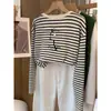Camiseta de Manga Larga con Cuello Redondo, de Algodón Puro, Hombro Recto y Rayas, Nueva para 2026, para Mujer, Top Elegante y Versátil, Camiseta Básica para Otoño