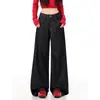 Pantalones de pierna ancha estilo retro americano color mezclilla para mujer, nueva colección de otoño, lavados, corte holgado, bordados, con caída fluida, en negro y dorado