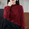 Suéter con Dobladillo Enrollado Cuello Semi Alto Hueco para Mujer Otoño/Invierno Nuevo Estilo Holgado Adelgazante Color Sólido Manga Larga Top Base de Punto