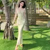 Vestido Largo Sexy Estilo Resort con Espalda Descubierta, Cuello en V, Estampado Floral y Tirantes Finos para Mujer, Verano, Fruncido, Cintura de Lazo, Bodycon