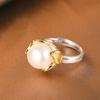 Rey de Ciervos Plata S925 Plata Lisa Chapado en Oro Hojas con Perla de Agua Dulce Elegante Elegante Anillo Ajustable Para Mujer Corte