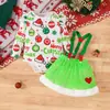 Conjunto de Natal para Bebê Bolas Coloridas de Natal Floco de Neve Mangas Flutuantes Macacão Coração de Pelúcia Verde Suspensórios Saia Conjunto de Três Peças