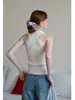 Colete de tricô EGKA estilo francês com decote cruzado para mulheres, novo de verão, slim fit, top curto elegante e que afina a silhueta