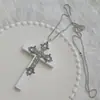 Colar Pingente Cruz Morcego Diamante Negro Estilo Gótico Corrente Longa para Suéter Joia